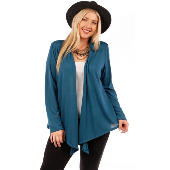 1x-3x PlusWaterfal Draped Open Knit Cardigan TEAL - Picture 3 of 5